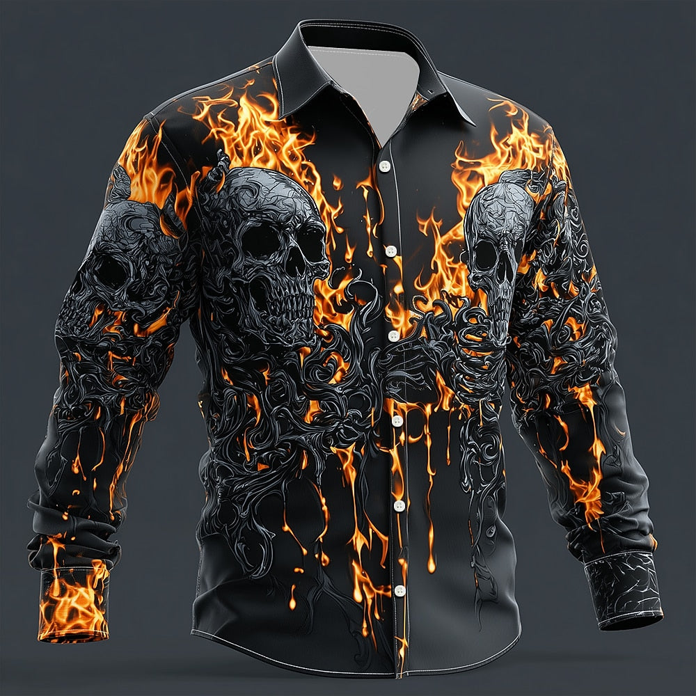 Men's Skull Flame Skeleton Button Shirt