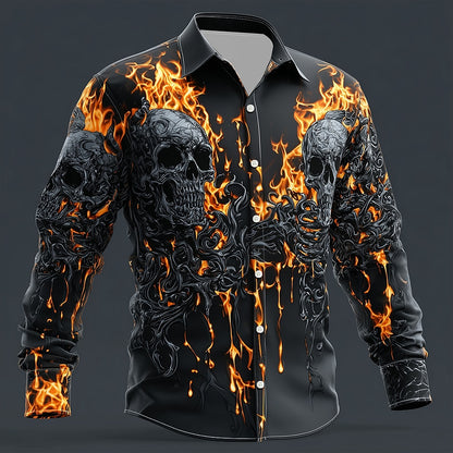 Men's Skull Flame Skeleton Button Shirt
