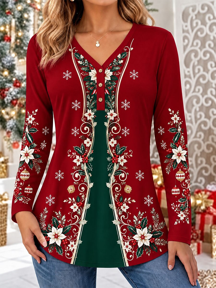 Women's Christmas Basic V Neck T-Shirt