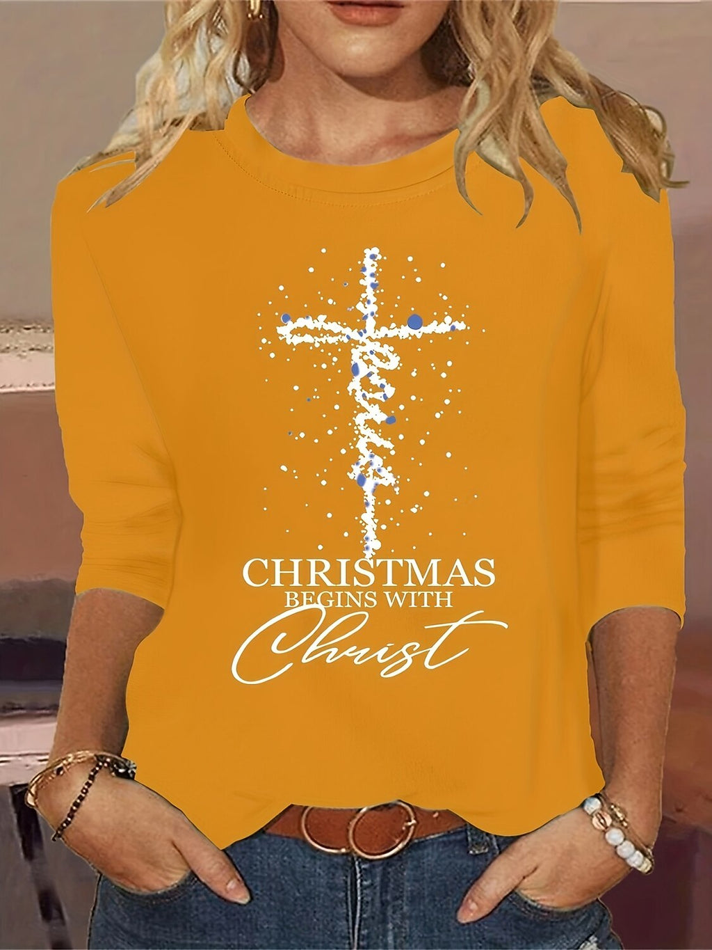 Women's Christmas Christ Cross Graphic T-shirt