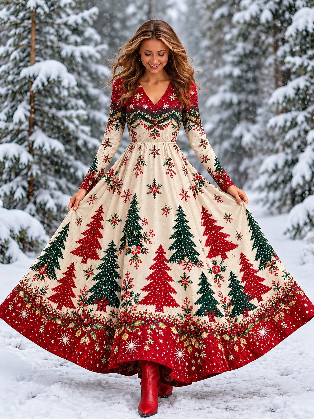 Ombre Christmas V Neck Maxi Dress