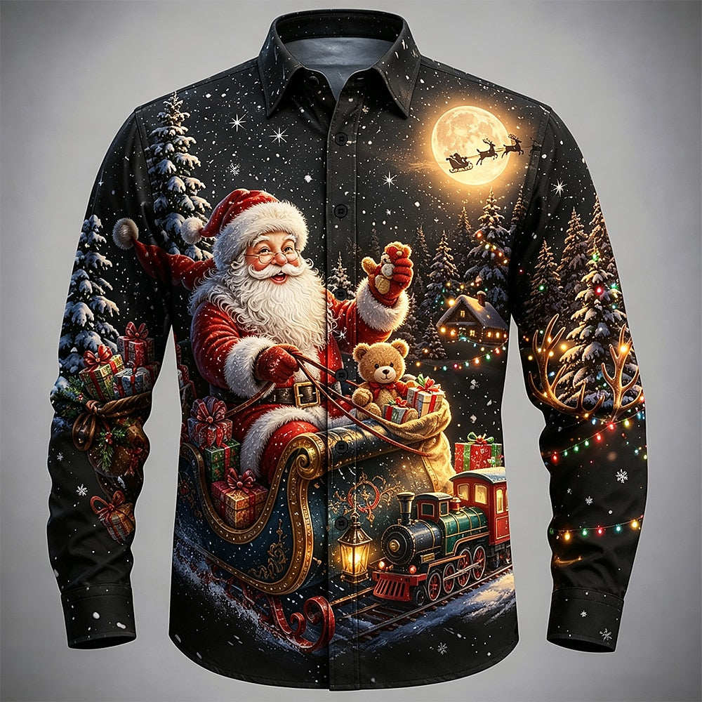 Santa Christmas Tree Ugly Button Shirt