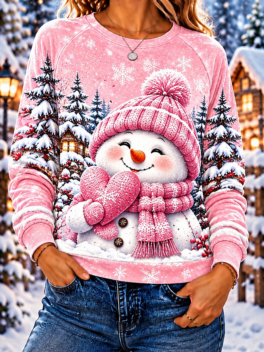 Snowman Print Holiday Pullover Sweatshirt