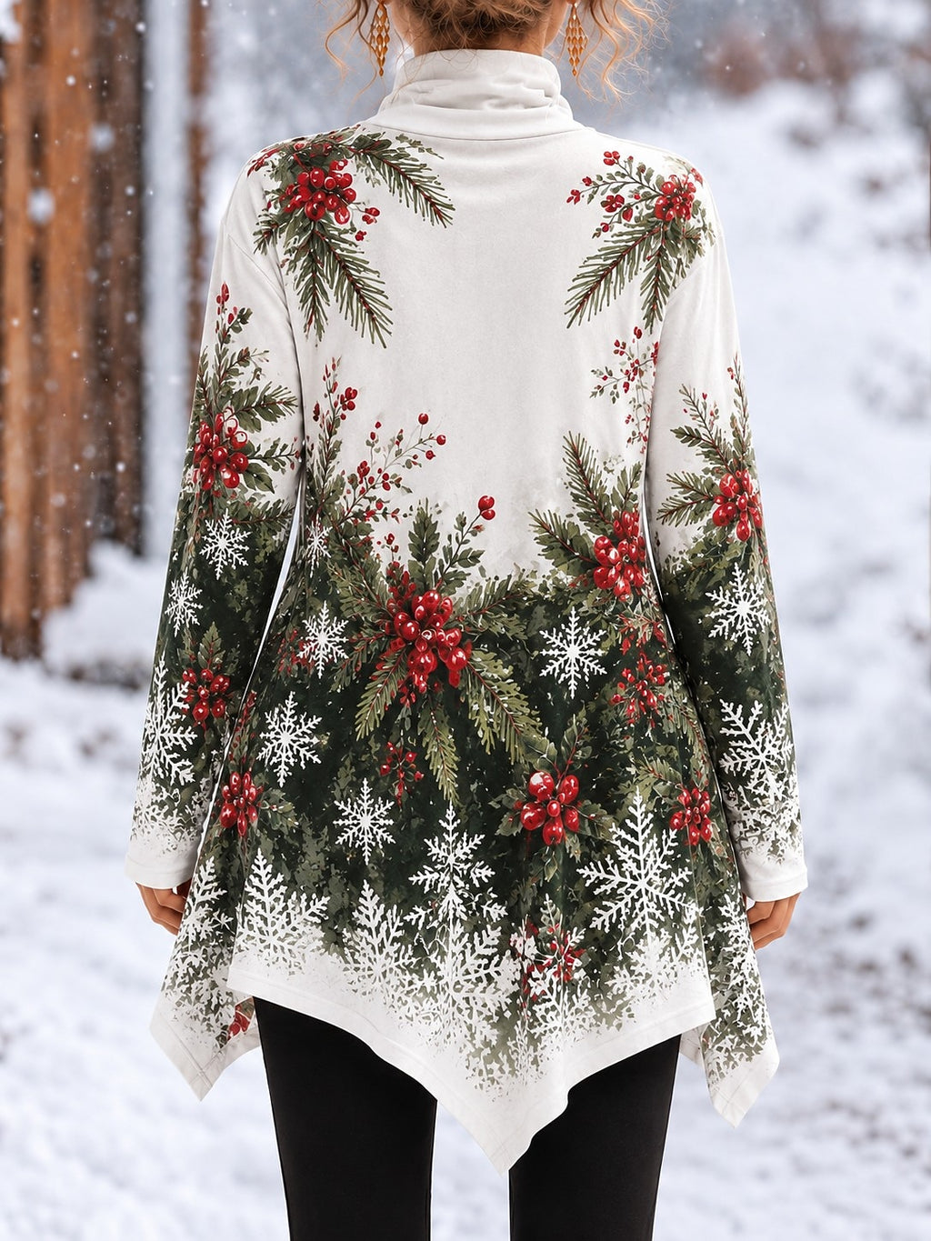 Christmas Floral Asymmetrical Turtleneck T-Shirt